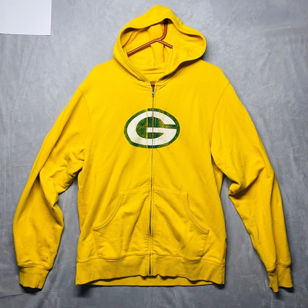 Reebok Green Bay Packers Yellow Zip‎ Up Hoodie Distressed Logo Athletic Size L
